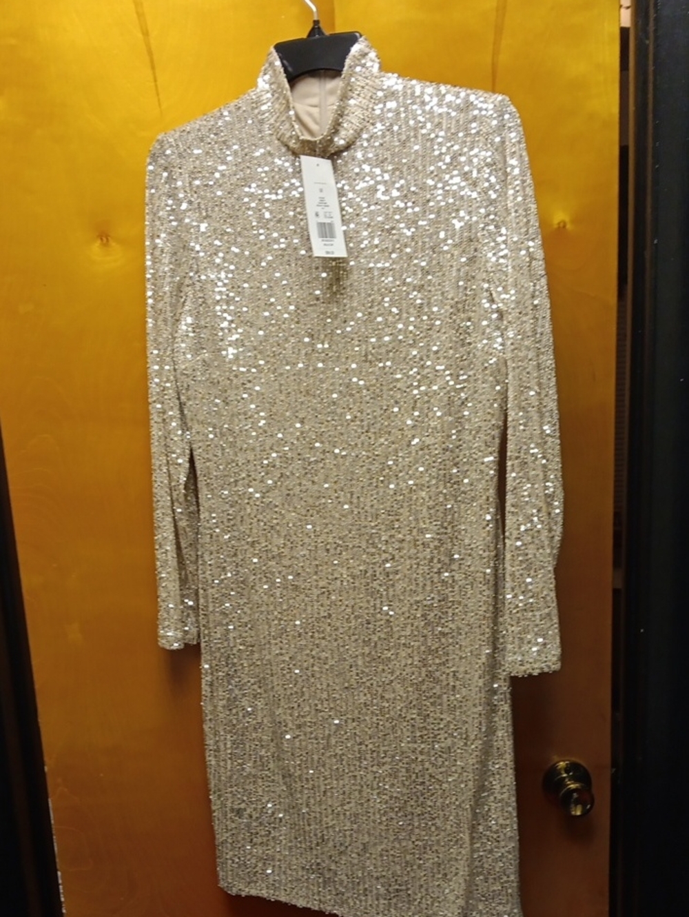 The Limited Sequin Long-Sleeve High-Neck Dress in Champagne